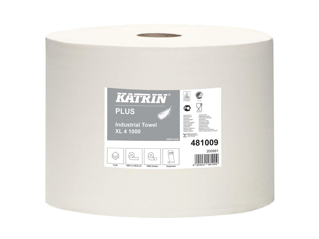 Aftørringsrulle Industri Katrin Plus 4-lag Ø36cm B26.5cmxL360m Nyfiber Hvid