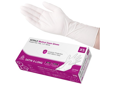 Undersøgelseshandske Engangs Satin Lang Str XS Nitril uden Pudder Hvid AQL 1.0