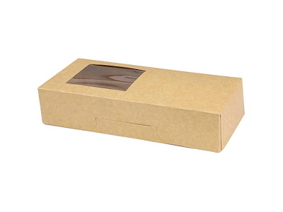 Kageæske/Sushiæske hængslet låg L230xB105xH50mm pap med PE og rude i siden brun