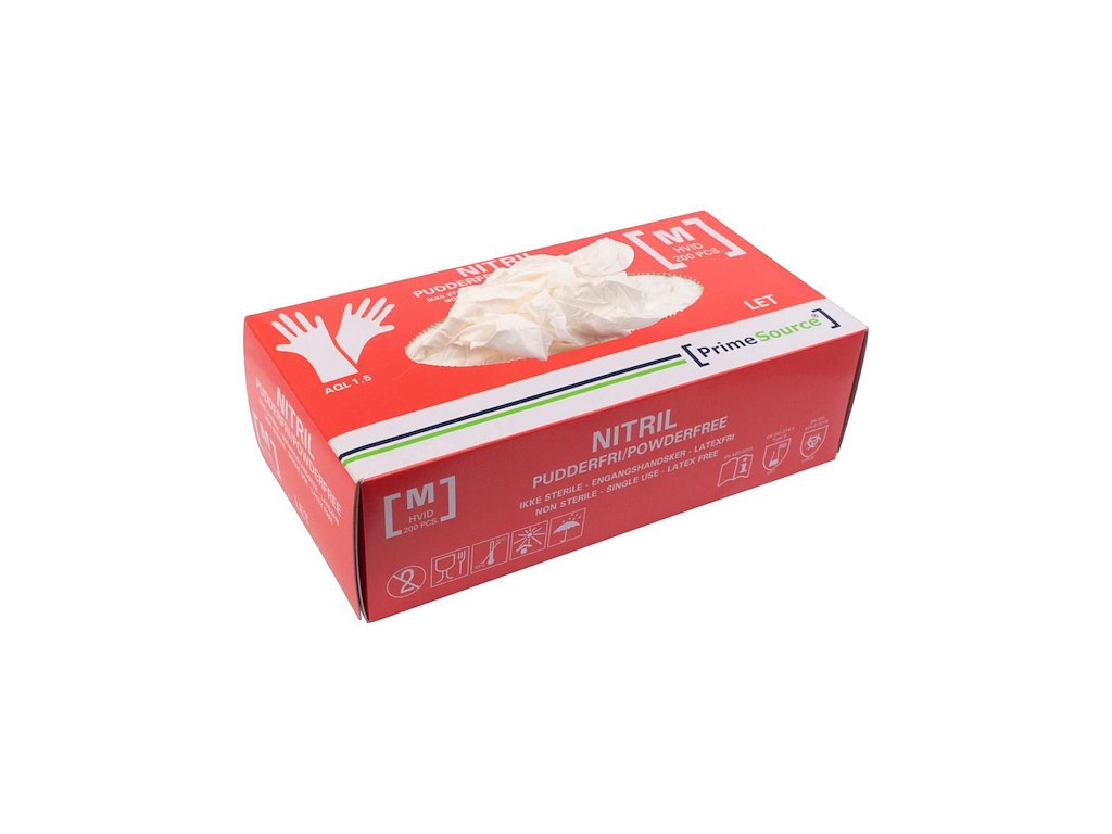 Undersøgelseshandske Engangs Prime Source str M uden Pudder Nitril AQL 1.5 Hvid