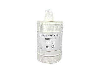 Håndklæderulle, ABENA Care-Ness Excellent, 2-lags, Mini, 72m x 20cm, Ø13cm, hvid, nyfiber, uden hyls