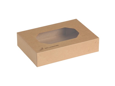 Kageæske top og bund L360xB250xH80mm pap med rude i PLA brun