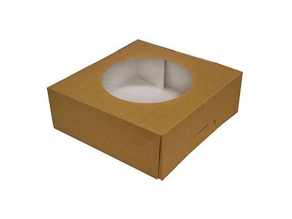 Kageæske hængslet låg høj L190xB190xH80mm pap/plast med rund rude brun/hvid