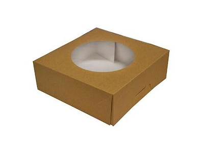 Kageæske hængslet låg høj L190xB190xH80mm pap/plast med rund rude brun/hvid