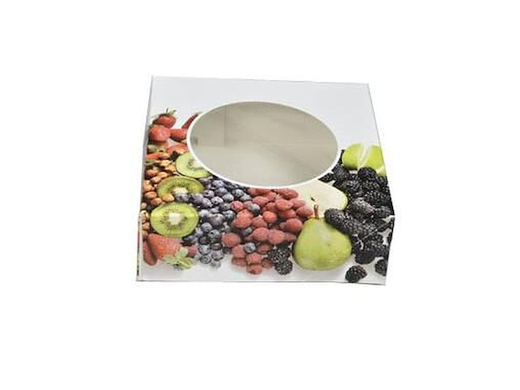 Kageæske hængslet låg frugtdesign L200xB200xH70mm pap med rund rude hvid