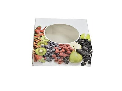 Kageæske hængslet låg frugtdesign L200xB200xH70mm pap med rund rude hvid