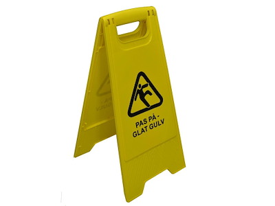 Advarselskilt PAS PÅ - GLAT GULV Billede af mand der falder Gul
