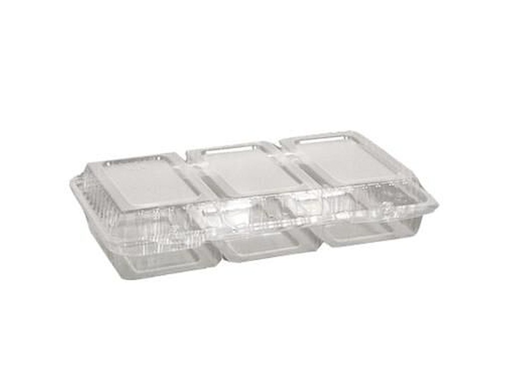 Smørrebrødsbakke 3-rum 245x145x45 mm Hængslet låg APET Klar