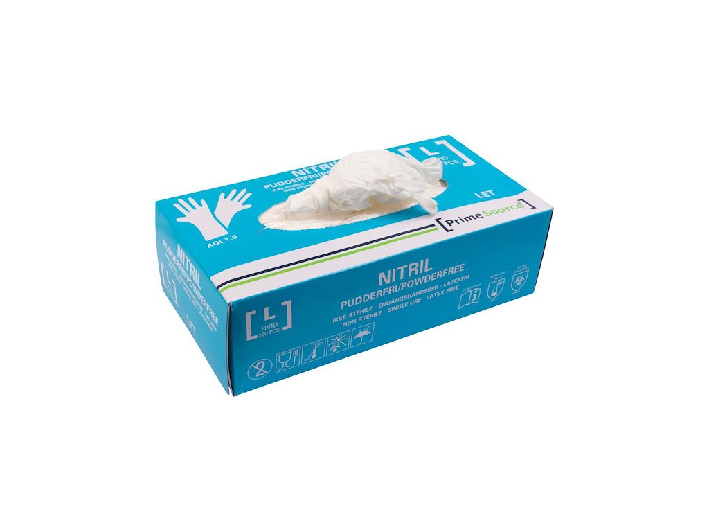 Undersøgelseshandske Engangs Prime Source  str L uden Pudder Nitril AQL 1.5 Hvid
