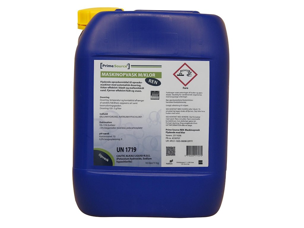 Maskinopvask Flydende Prime Source Ren 11kg med Klor Blødt/Middel