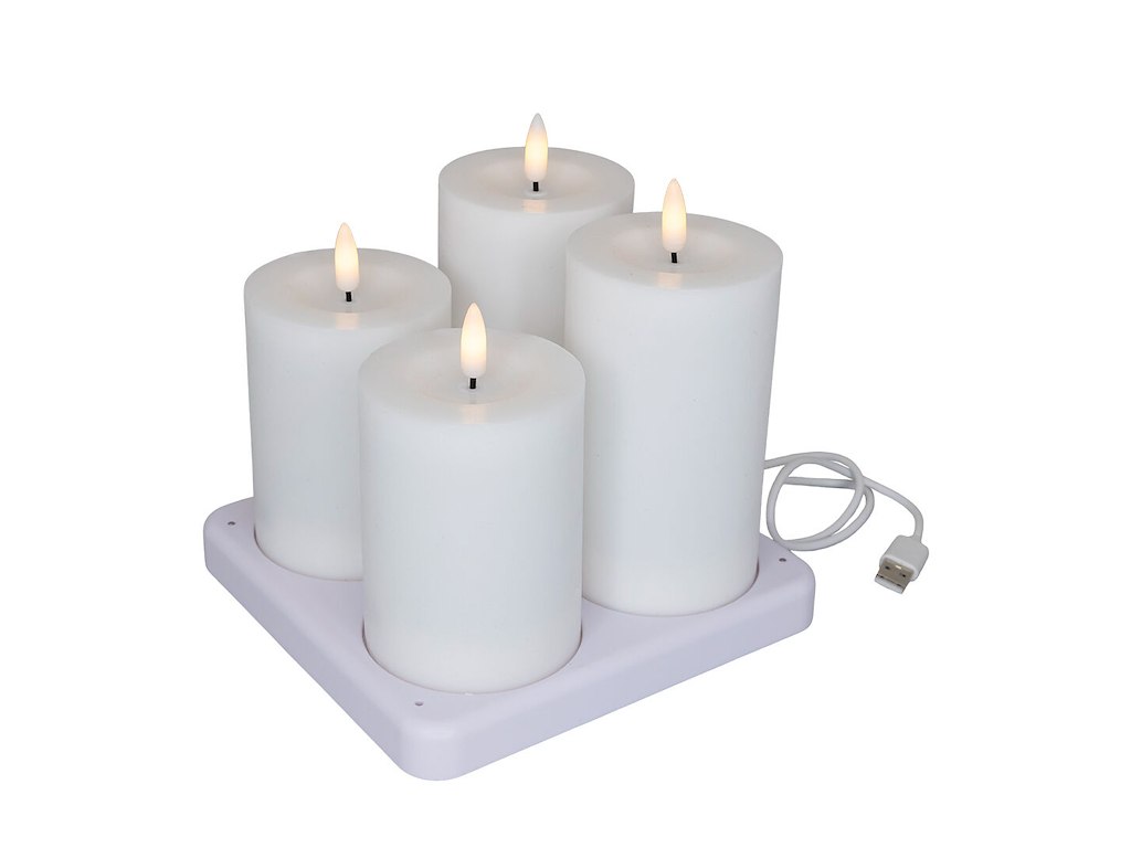 LED-Bloklys 4 stk genopladelig Ø7,5xH10/H12,5cm hvid med ladestation
