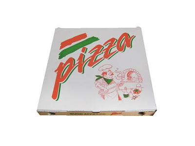 Pizzaæske 29x29x3 cm hvid med tryk Pizza Buon Appetito