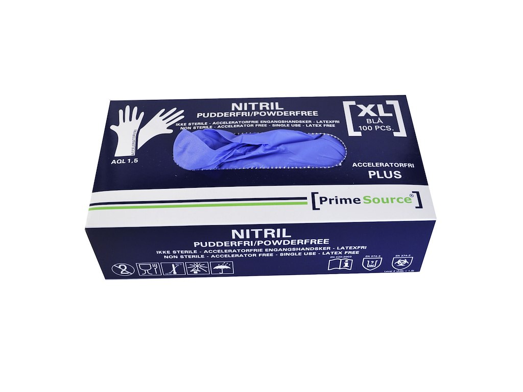 Handske Engangs Prime Source str XL u Pudder Acceleratorfri Blå AQL 1.5