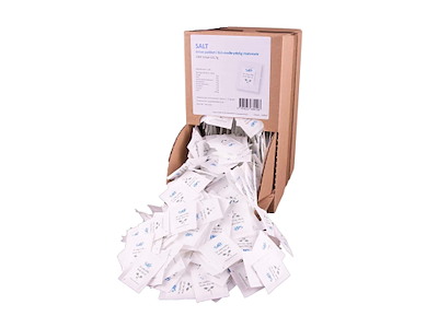 Salt i portionsbrev 0,7 gram Bionebrydelig emballage og i dispenser