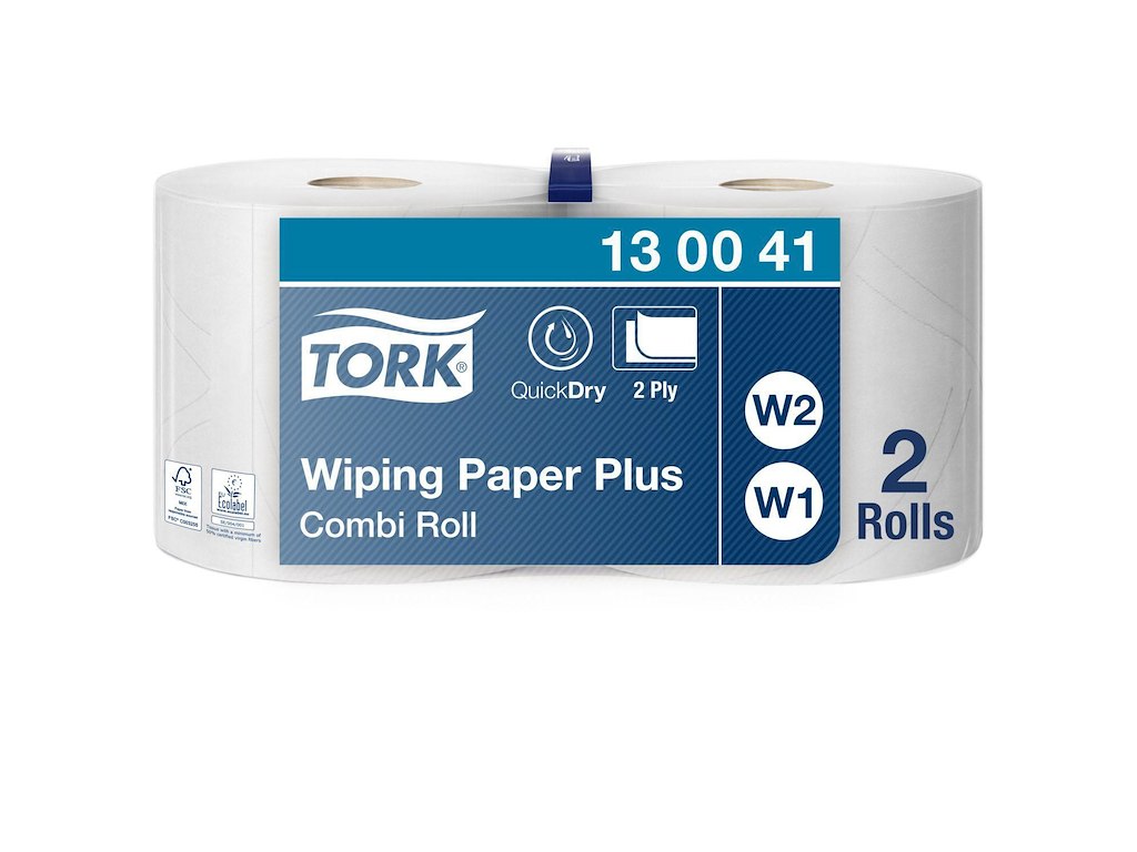 Aftørringsrulle Industri Tork Plus W1/W2 2-lag Ø26.2cm B23.5cmxL255m Mix Hvid