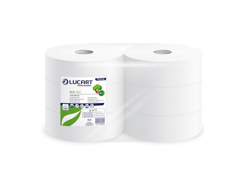 Toiletpapir Lucart Jumbo Eco 380 B8.9cmxL380m 2-lags Ecolabel med Hylse Hvid