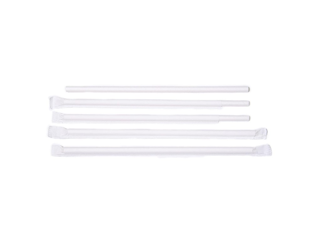 Sugerør Ø8x230 mm uden knæk enkeltpakket Bionedbrydelig Papir Hvid