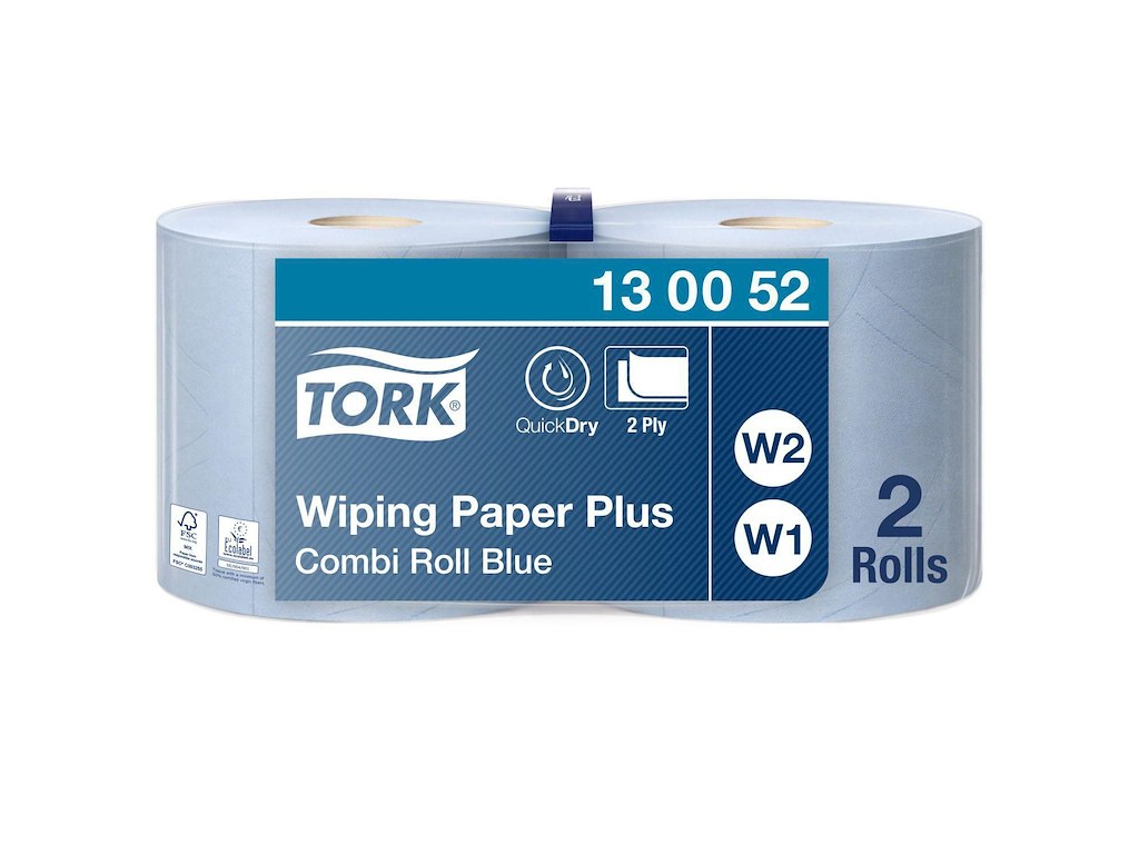 Aftørringsrulle Industri Tork Plus W1/W2 2-lag Ø26.2cm B23.5cmxL255m Mix Blå