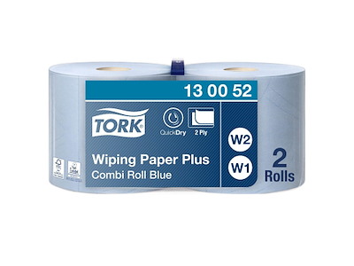Aftørringsrulle Industri Tork Plus W1/W2 2-lag Ø26.2cm B23.5cmxL255m Mix Blå