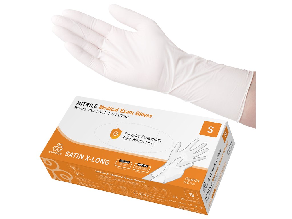 Undersøgelseshandske Engangs Satin Lang Str S Nitril uden Pudder Hvid AQL 1.0