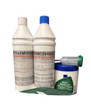 Sportsvask med enzymer 1 Liter Pletfjerner 750 gr Skyllemiddel 1 Liter Doseringshætte