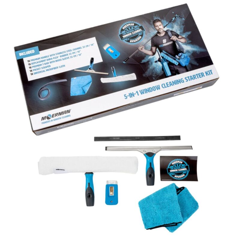 5-in-1 Window Cleaning Starter Kit Moerman vinduespudser sæt med skinne og skraber Komplet startpakke fra Moerman til vinduespudsning T-bar med microfiberbetræk og click-skraber